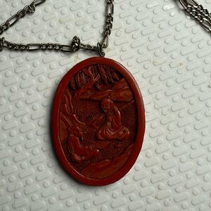 Vintage Red Oval Asian Cinnabar/ Lacquer necklace